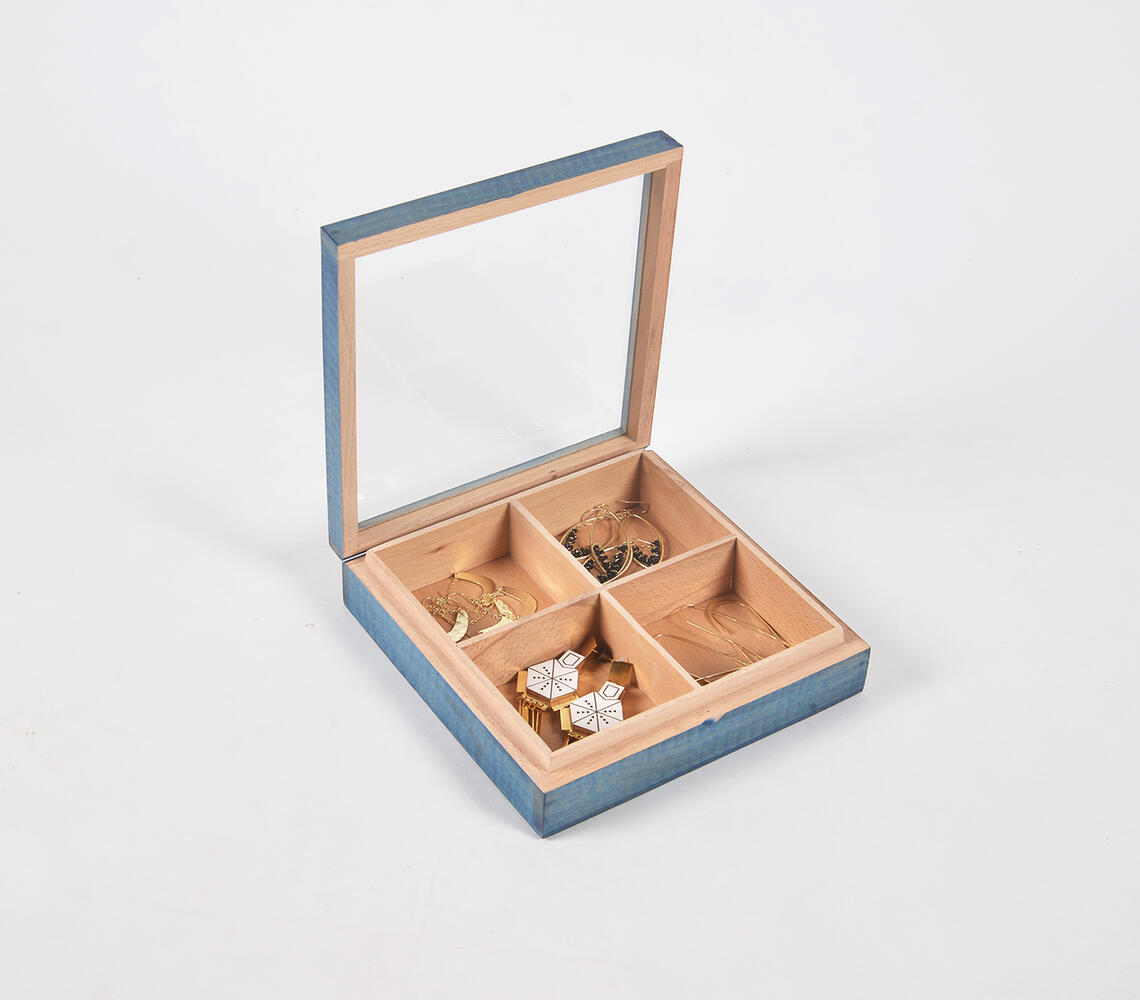 Hand Cut Steam Beech Wood Blue Jewelry Box - 4 Compartments - Blue - VAQL10101880860