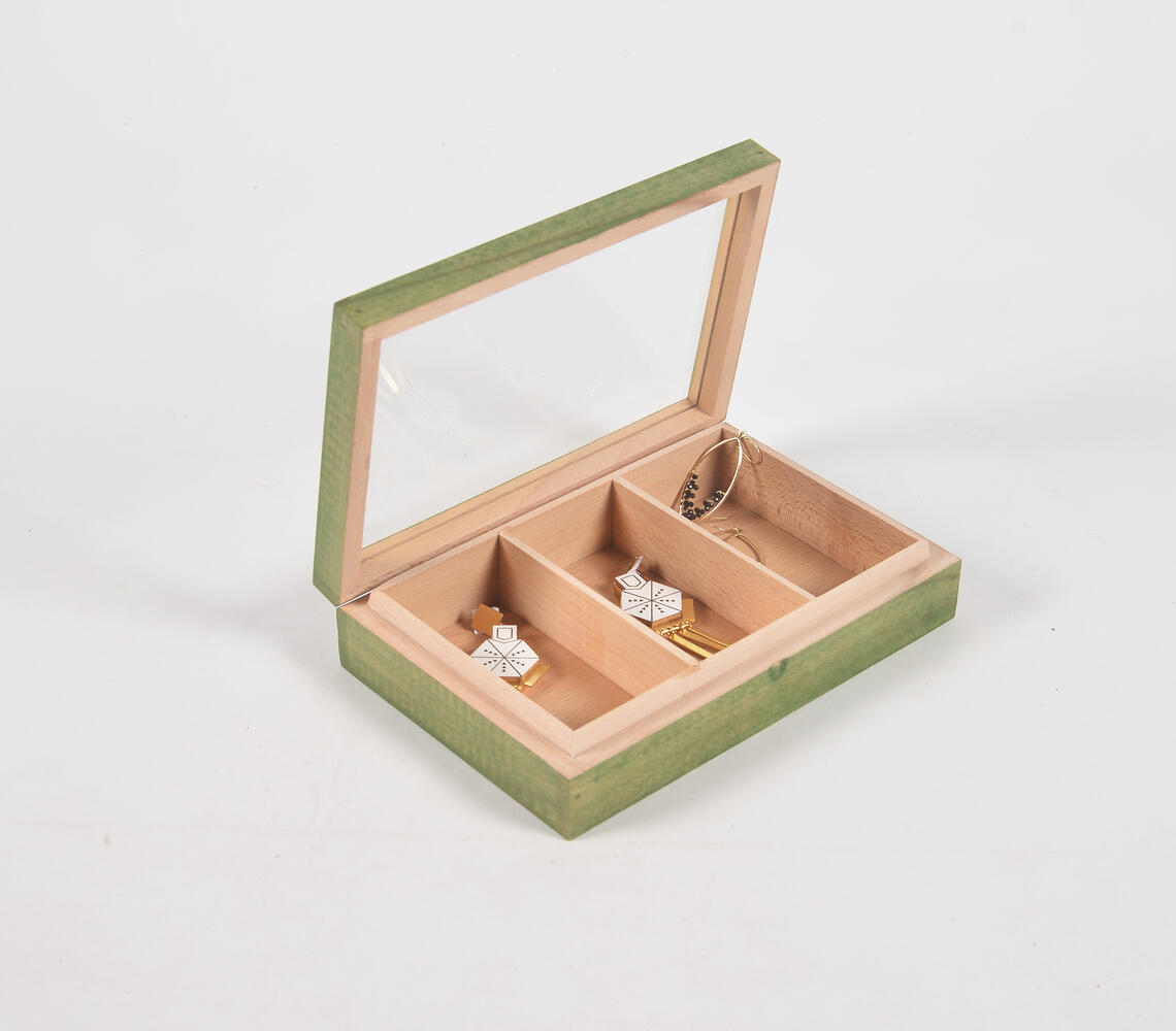 Hand Cut Steam Beech Wood Green Jewelry Box - 3 Compartments - Green - VAQL10101880861