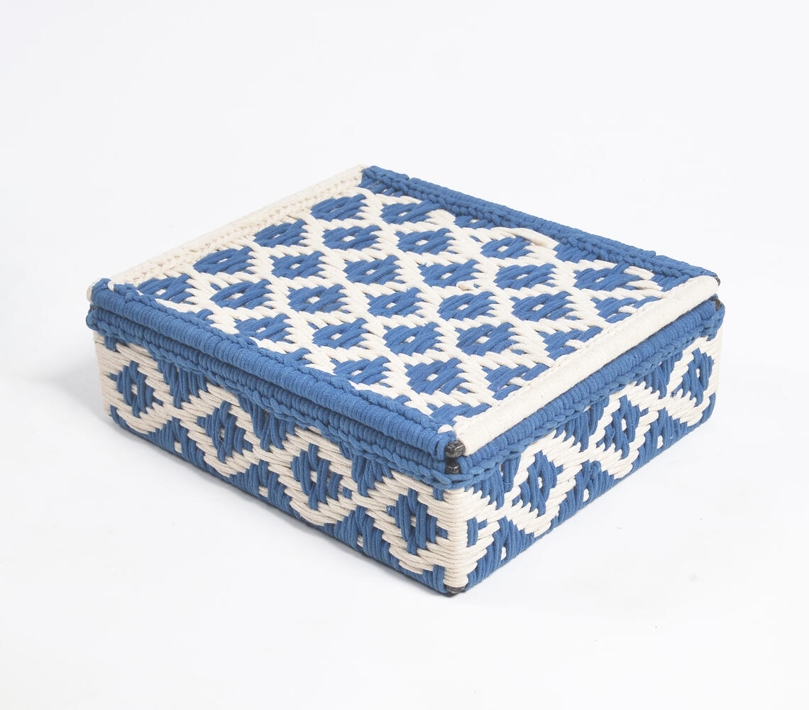 Handwoven Recycled Cotton Beige & Blue Box - Blue - VAQL10101889671