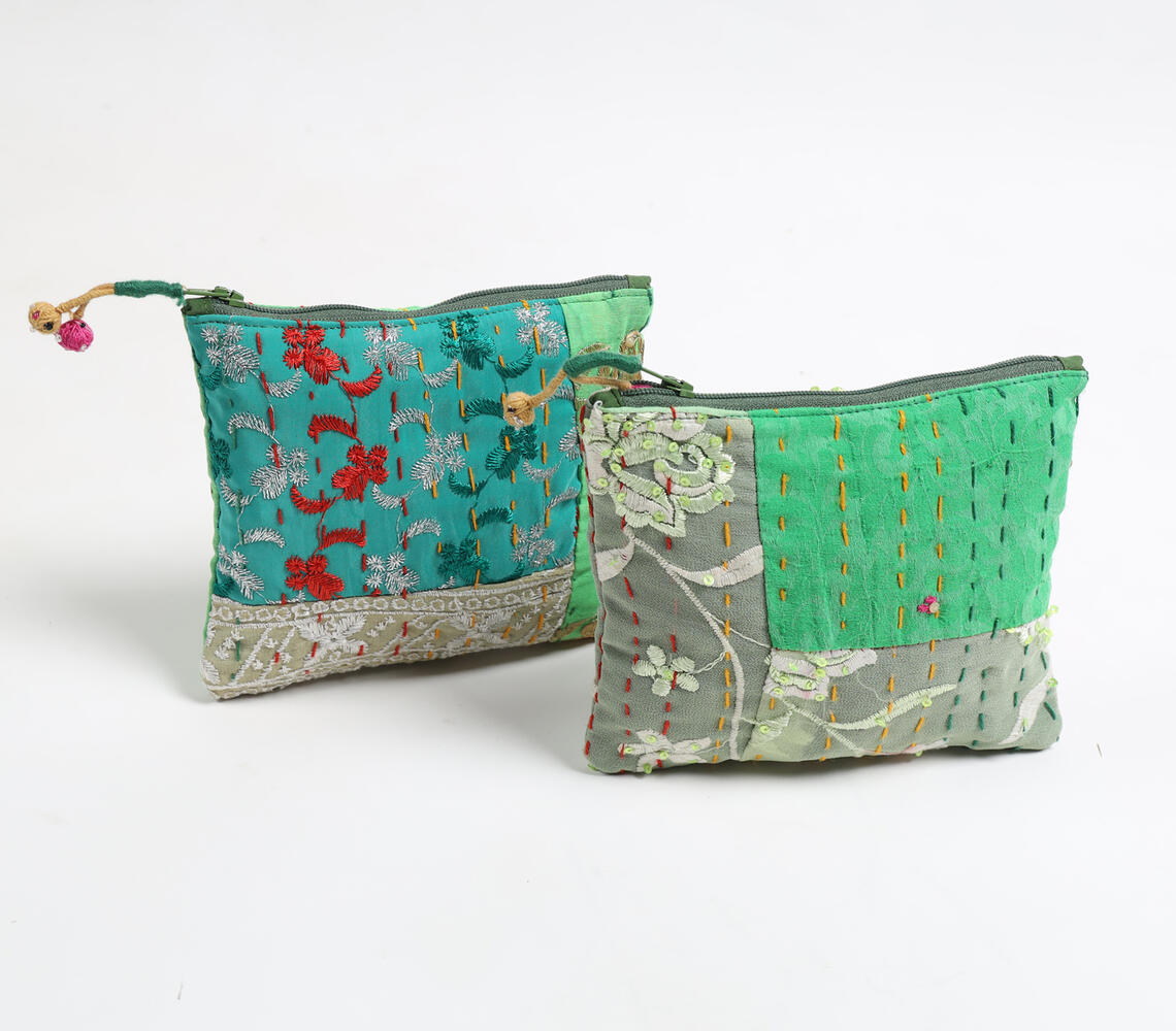 Upcycled Fabric Patchwork Pouches with Kantha Embroidery (set of 2)_2 - Green - VAQL101019105637