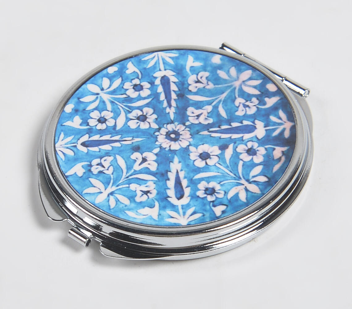 Ornate Metal Pocket Compact Mirror - Blue - VAQL101019127038