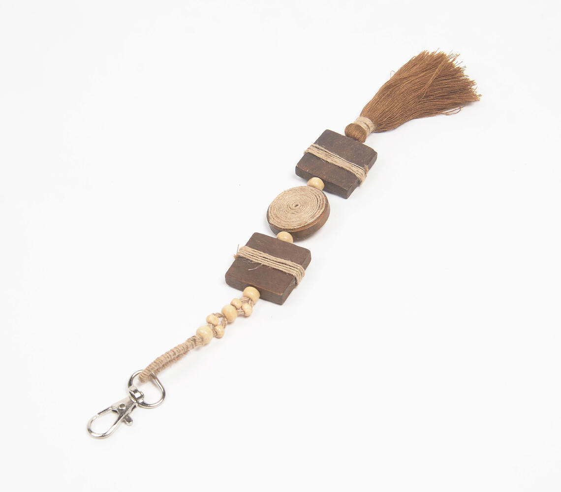 Jute & Wooden Beads Tassel Keychain - Brown - VAQL101019128485
