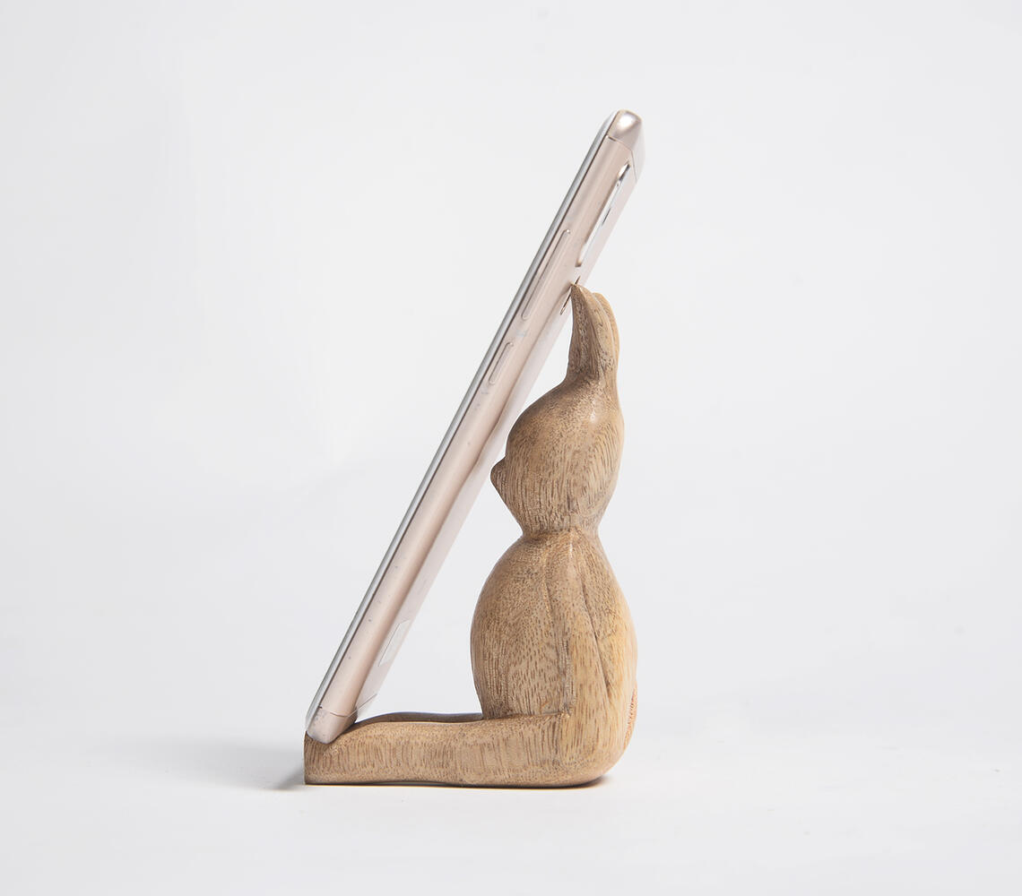 Hand Cut Mango Wood Rabbit Mobile holder - Brown - VAQL10101975701